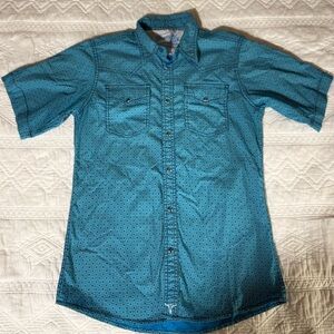 Boys Wrangler Teal Patterned Short Sleeved, Pearl Snap Shirt XL
